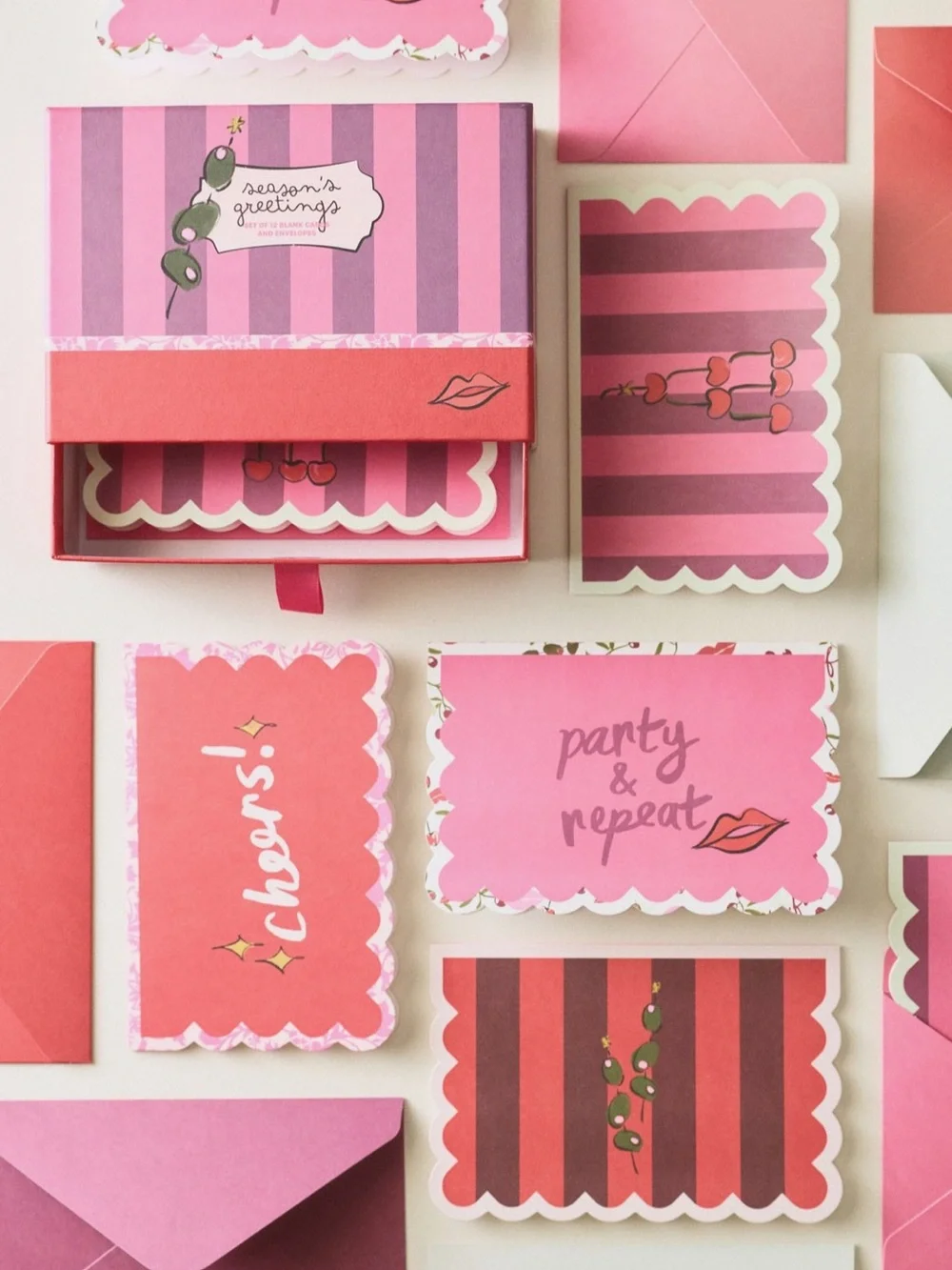 Anthropologie Pink & Coral Scalloped Greeting Card Set
